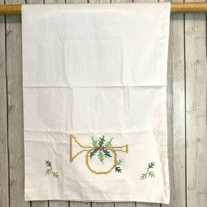 Vintage White Cross Stitched Bugle and Holly Christmas Pillowcases Set of 2